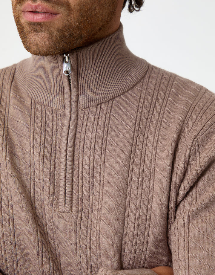 Taupe Cable Knit Quarter Zip Jumper
