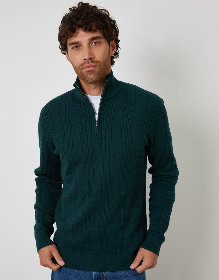 Dark Green Cable Knit Quarter Zip Jumper