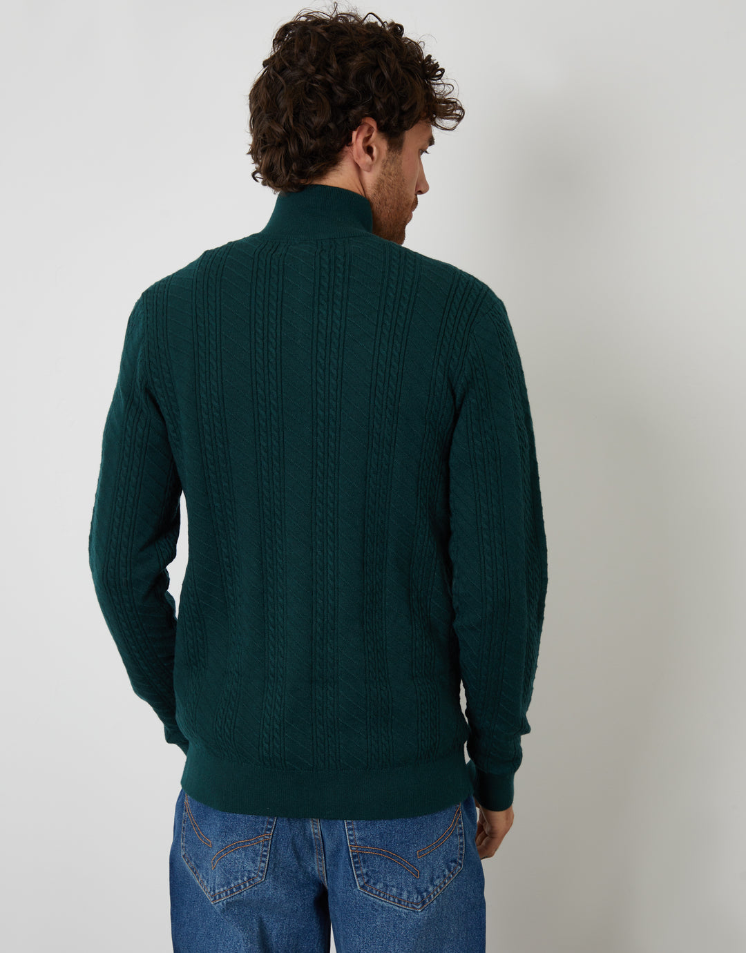 Threadbare Cable Knit Quarter Zip Jumper in Dark Green - back view