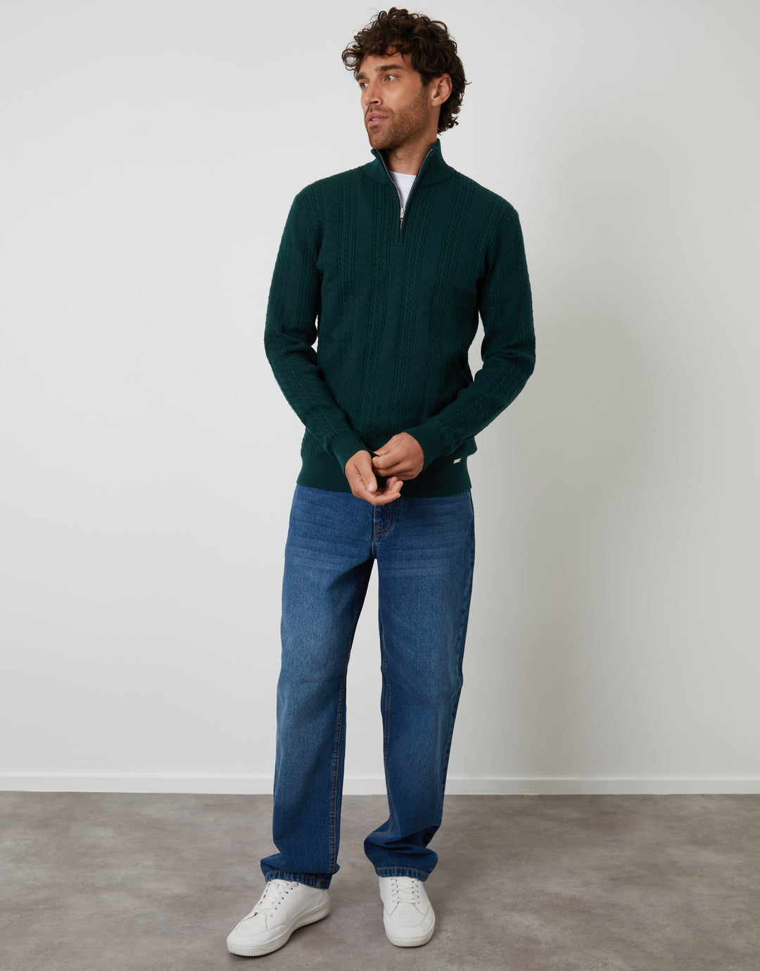 Threadbare Cable Knit Quarter Zip Jumper in Dark Green - full body