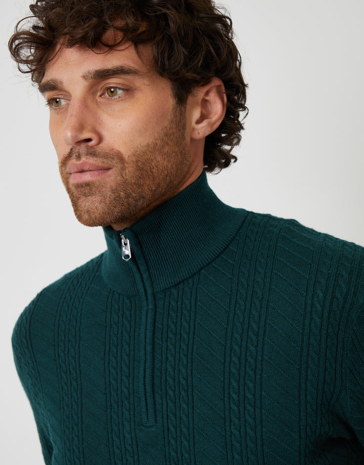 Threadbare Cable Knit Quarter Zip Jumper in Dark Green - front view close up