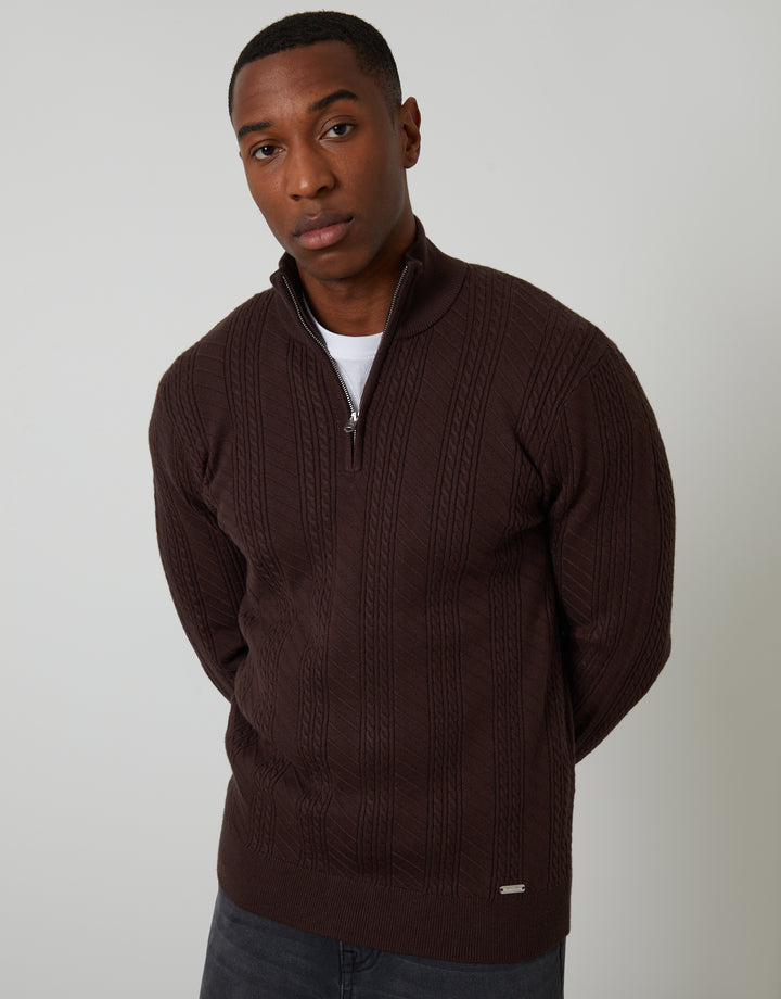 Brown Cable Knit Quarter Zip Jumper