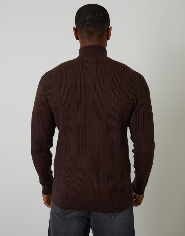 Brown Cable Knit Quarter Zip Jumper
