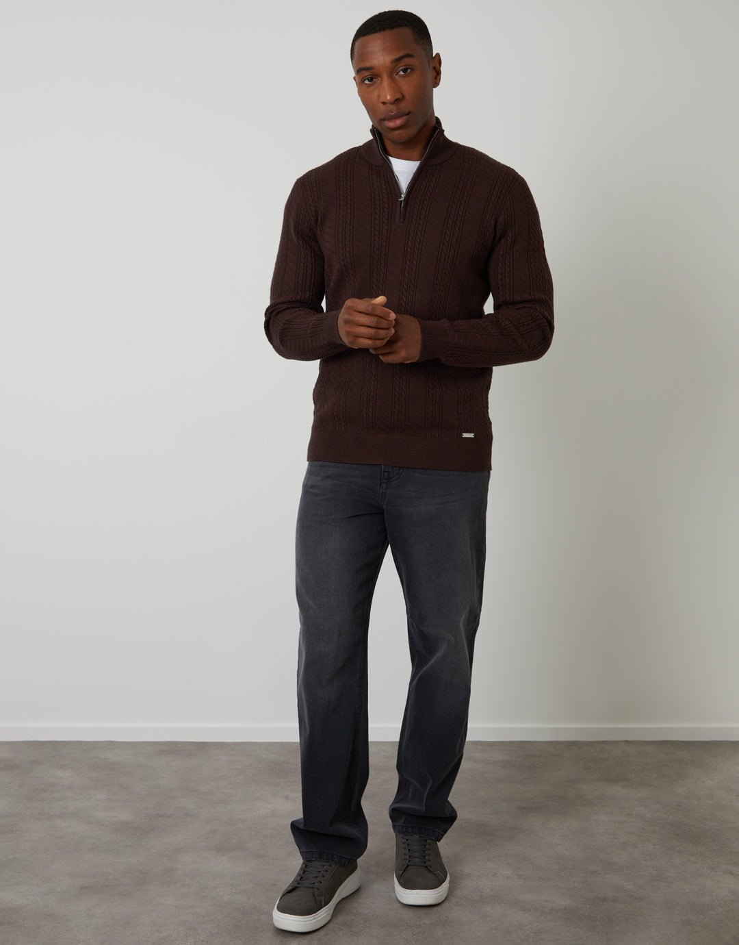 Brown Cable Knit Quarter Zip Jumper
