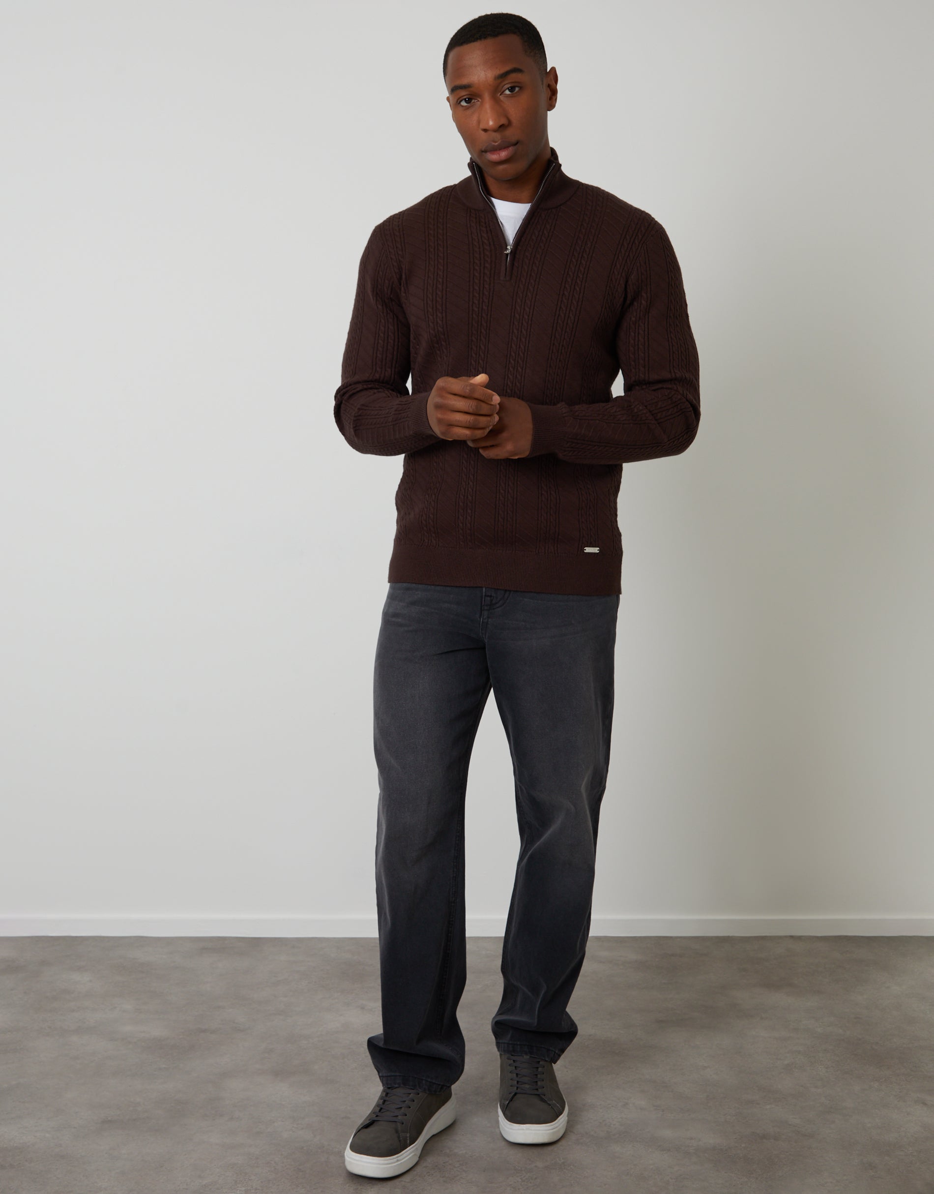 Threadbare Men's Brown Cable Knit Quarter Zip Jumper