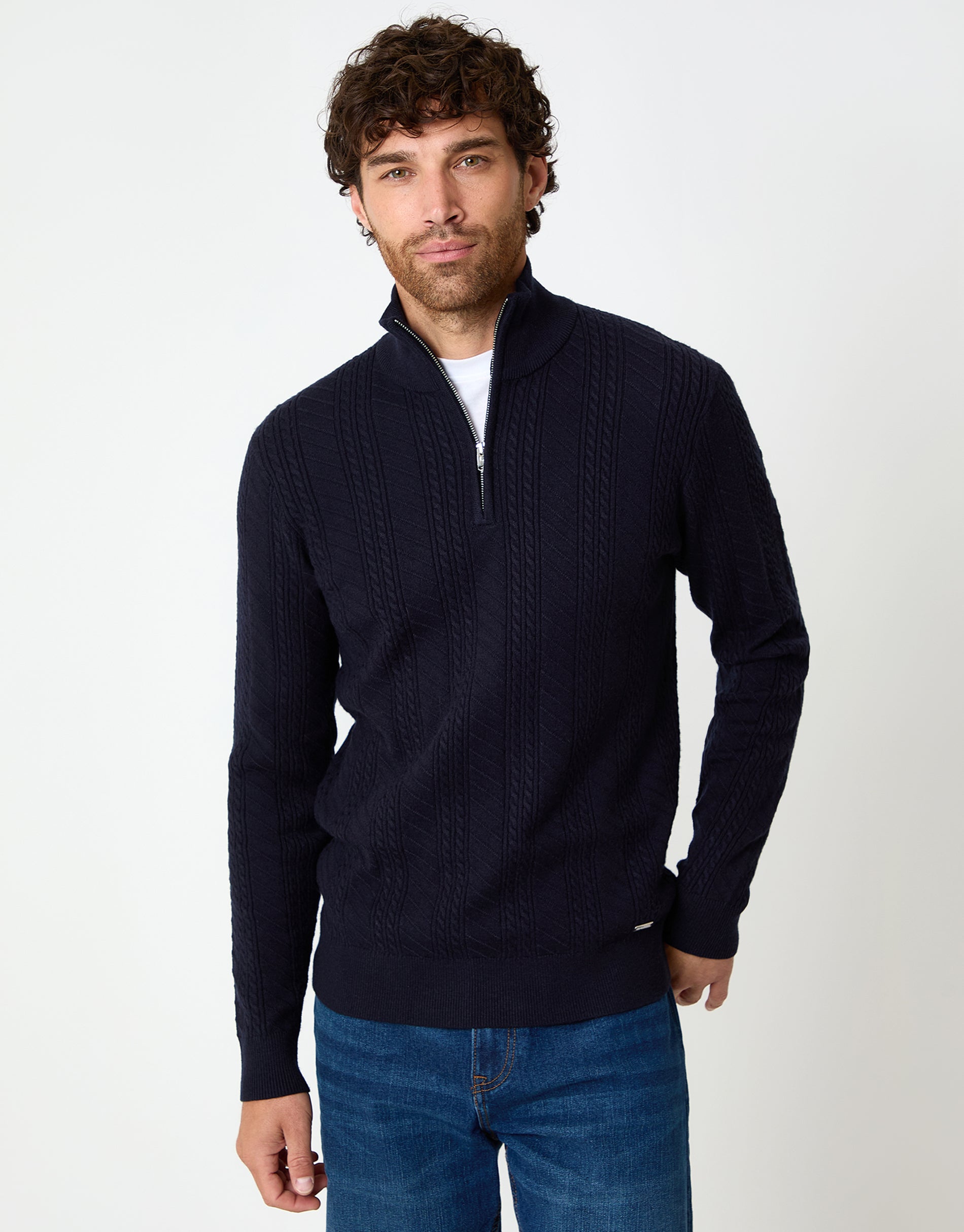 Cable Knit Quarter Zip Jumper in Navy