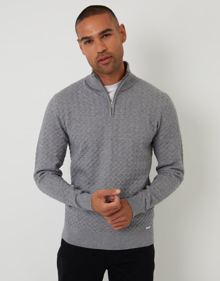 Grey Textured Cable Knit Quarter Zip Jumper