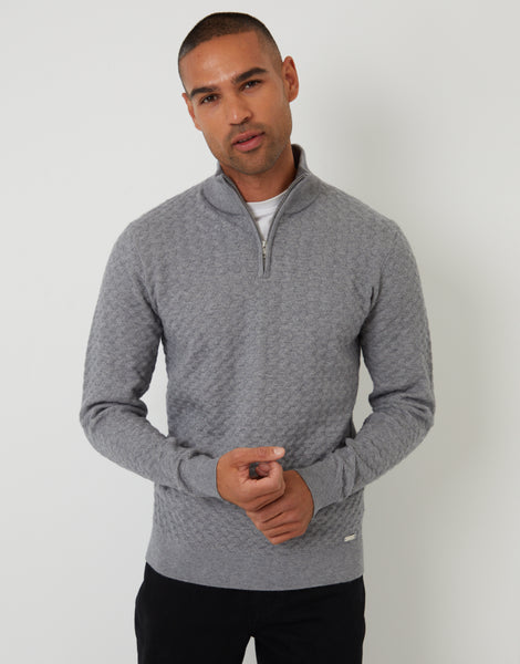 Threadbare Men's Grey Textured Cable Knit Quarter Zip Jumper