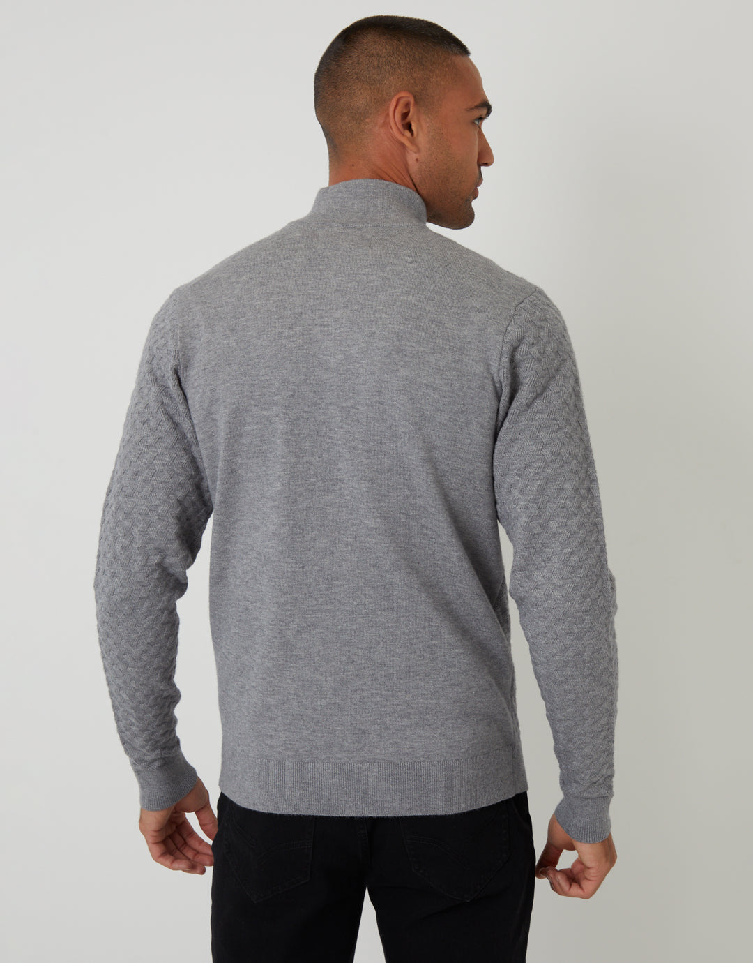 Grey Textured Cable Knit Quarter Zip Jumper