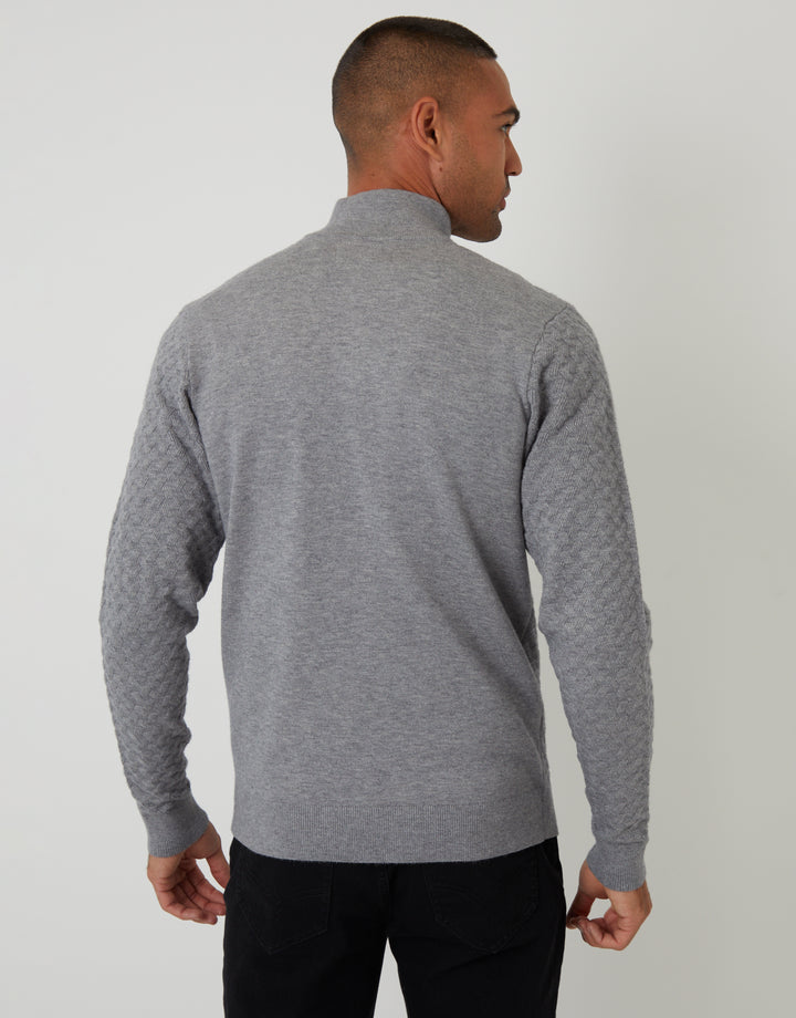 Grey Textured Cable Knit Quarter Zip Jumper