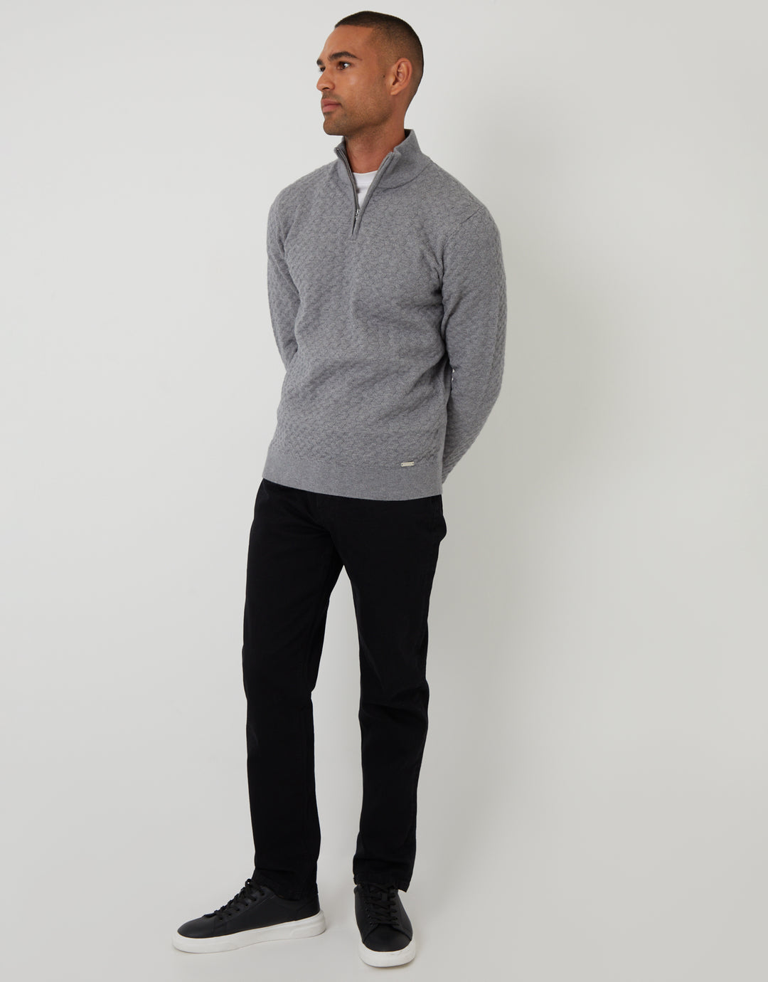 Grey Textured Cable Knit Quarter Zip Jumper