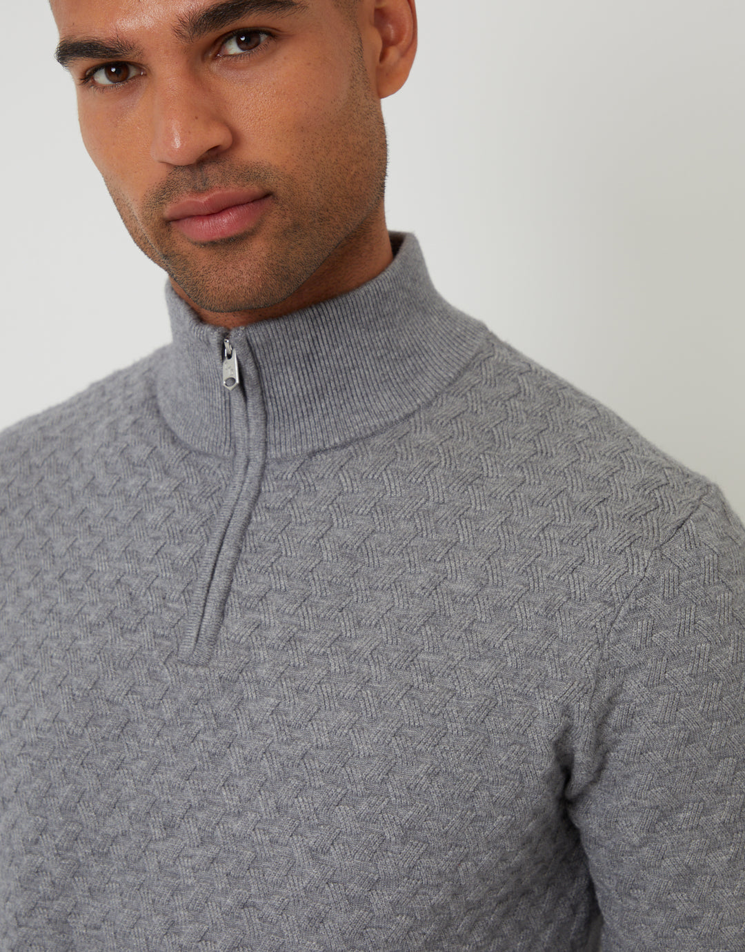 Grey Textured Cable Knit Quarter Zip Jumper