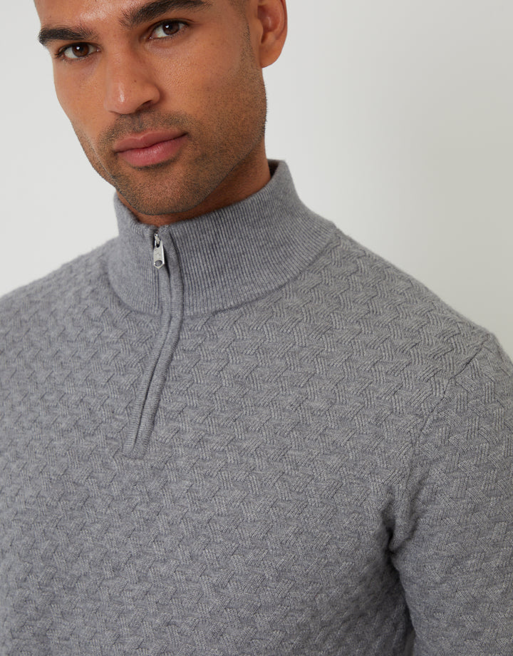 Grey Textured Cable Knit Quarter Zip Jumper