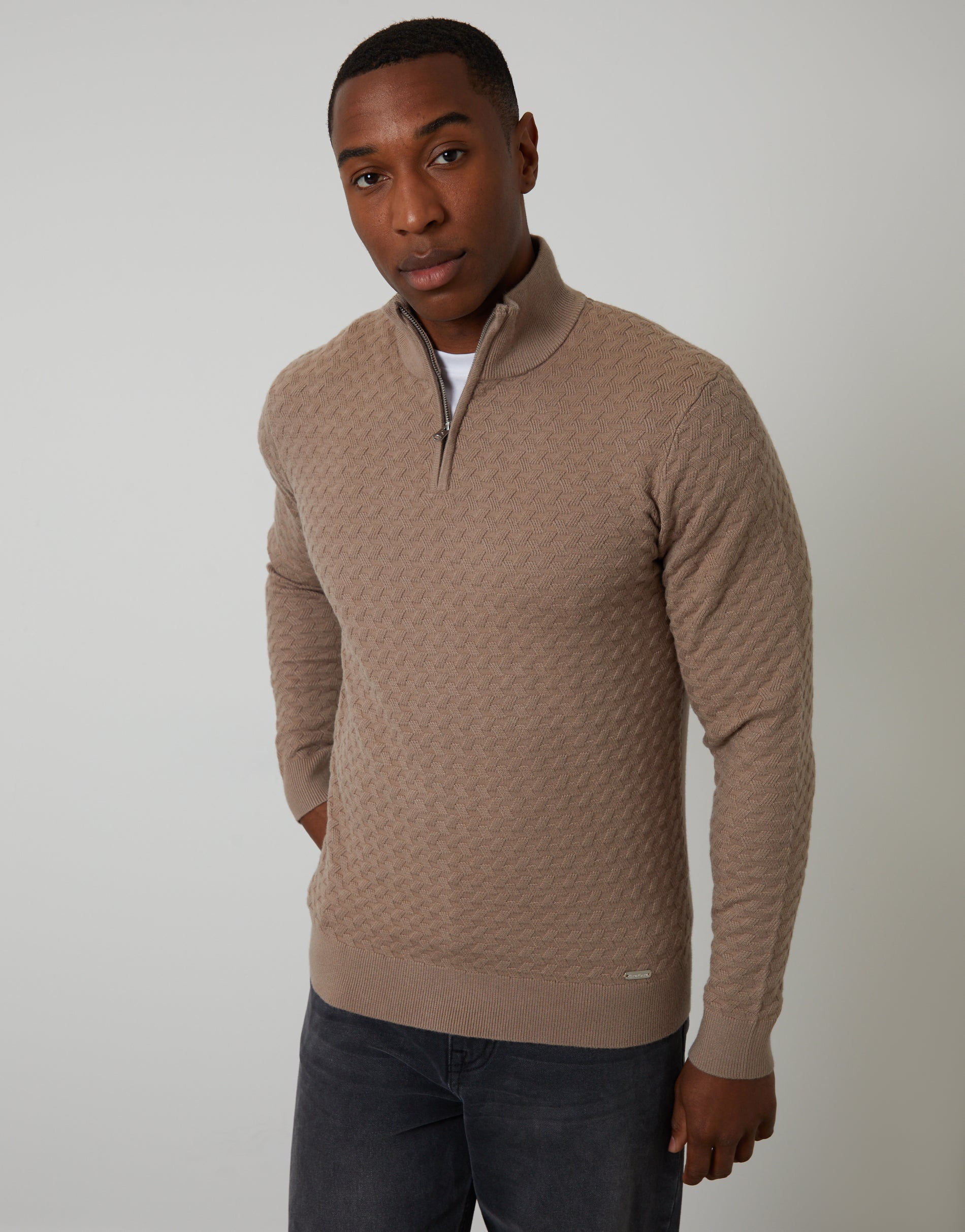 Threadbare Men's Beige Textured Cable Knit Quarter Zip Jumper