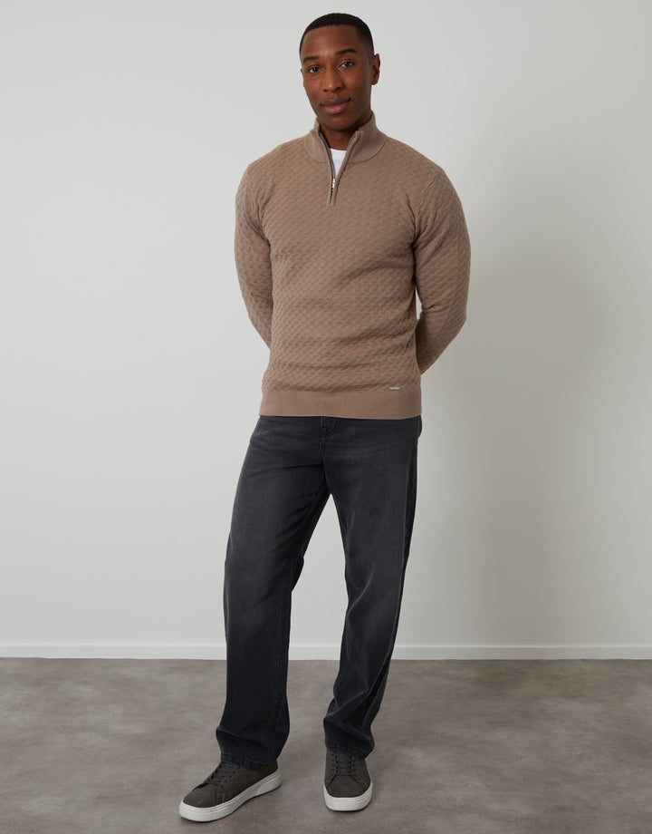 Beige Textured Cable Knit Quarter Zip Jumper