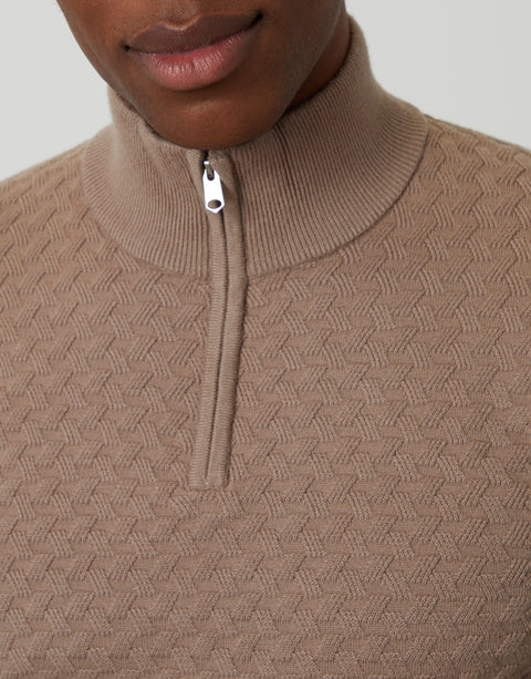 Threadbare Textured Cable Knit Quarter Zip Jumper in Beige - collar close up