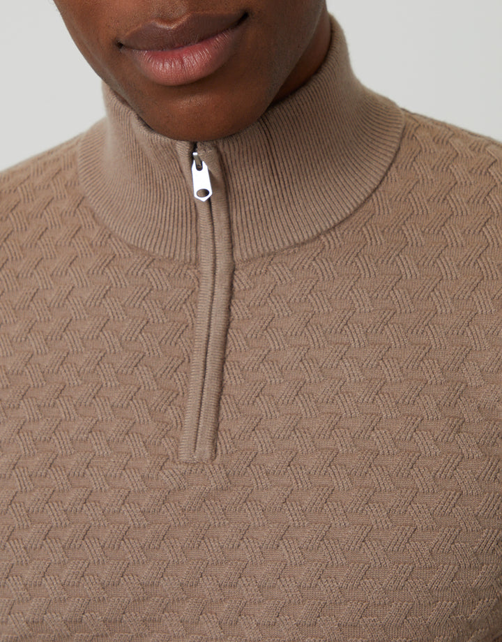 Beige Textured Cable Knit Quarter Zip Jumper