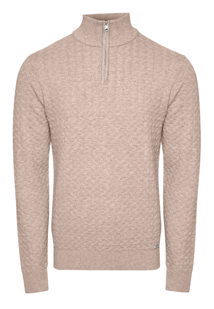 Beige Textured Cable Knit Quarter Zip Jumper
