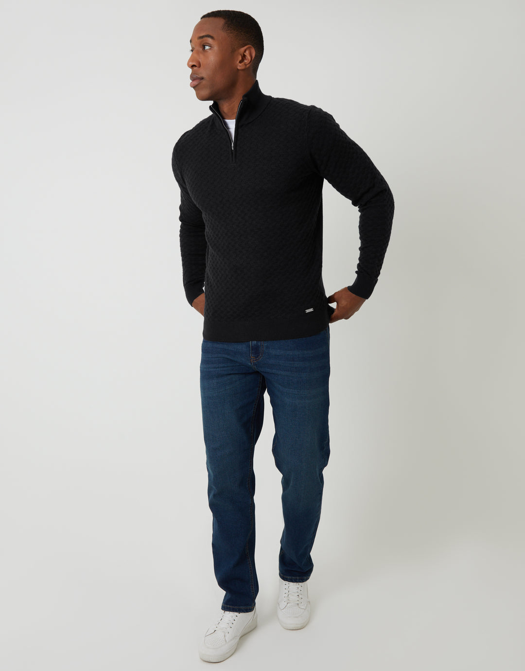 Black Textured Cable Knit Quarter Zip Jumper