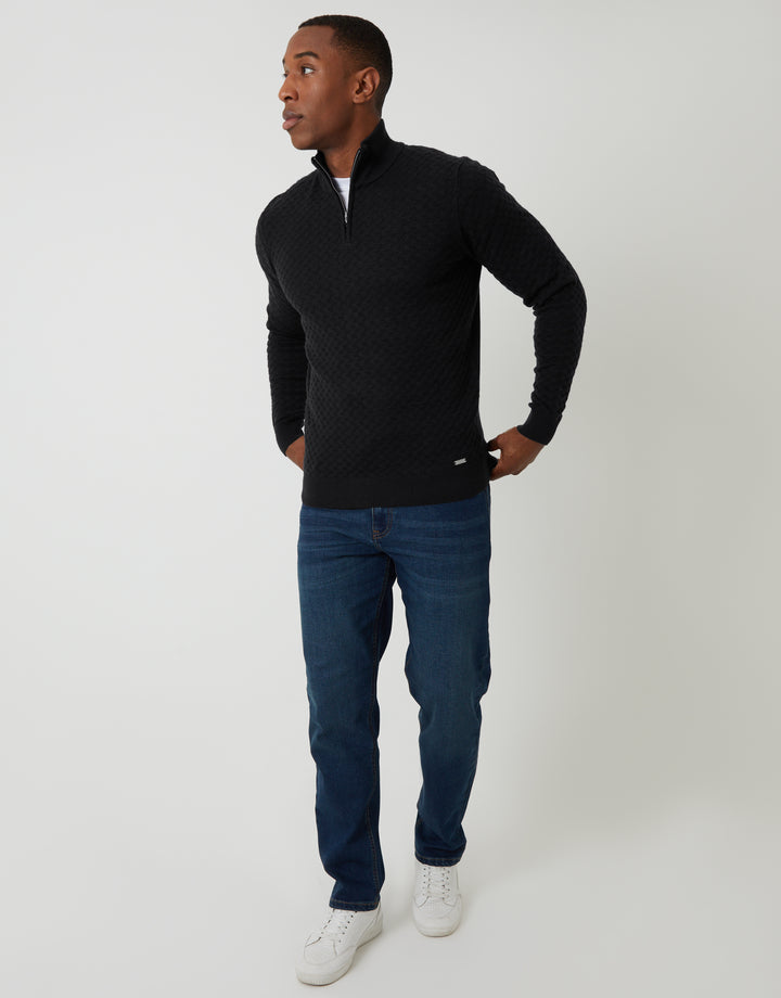Black Textured Cable Knit Quarter Zip Jumper