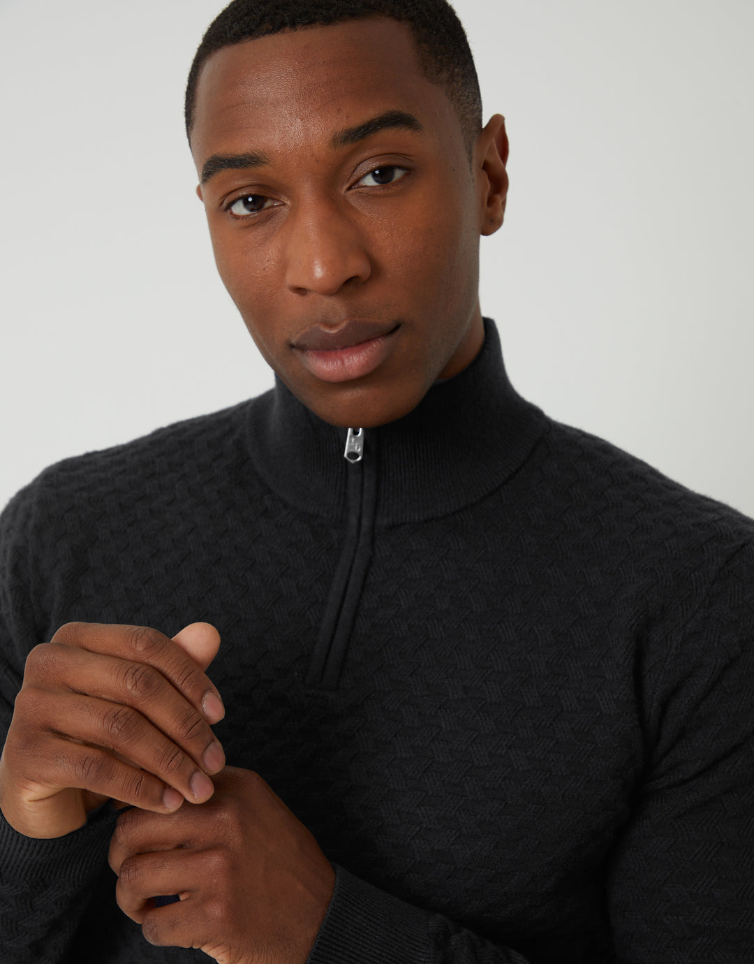 Black Textured Cable Knit Quarter Zip Jumper