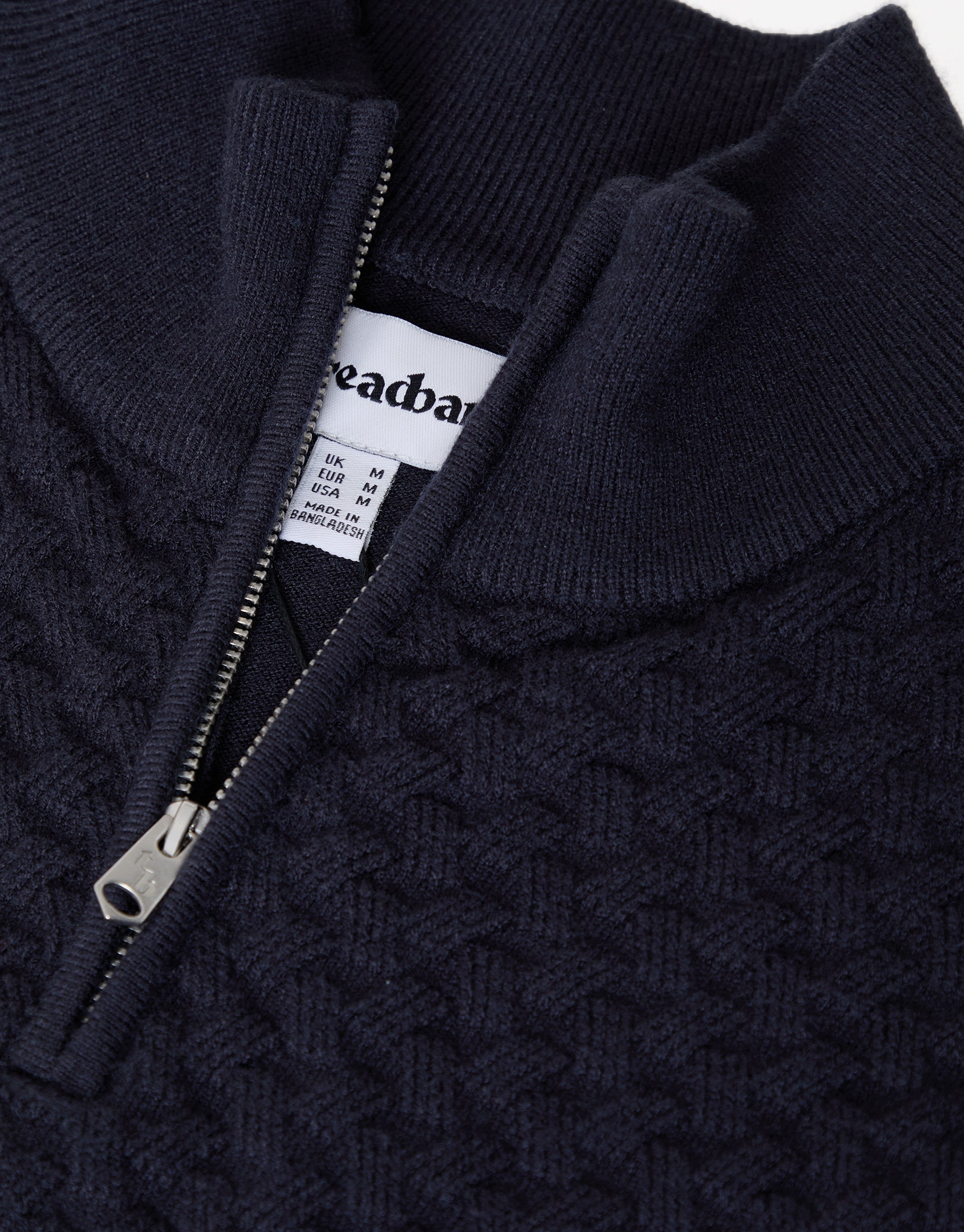 Threadbare Men's Navy Textured Cable Knit Quarter Zip Jumper