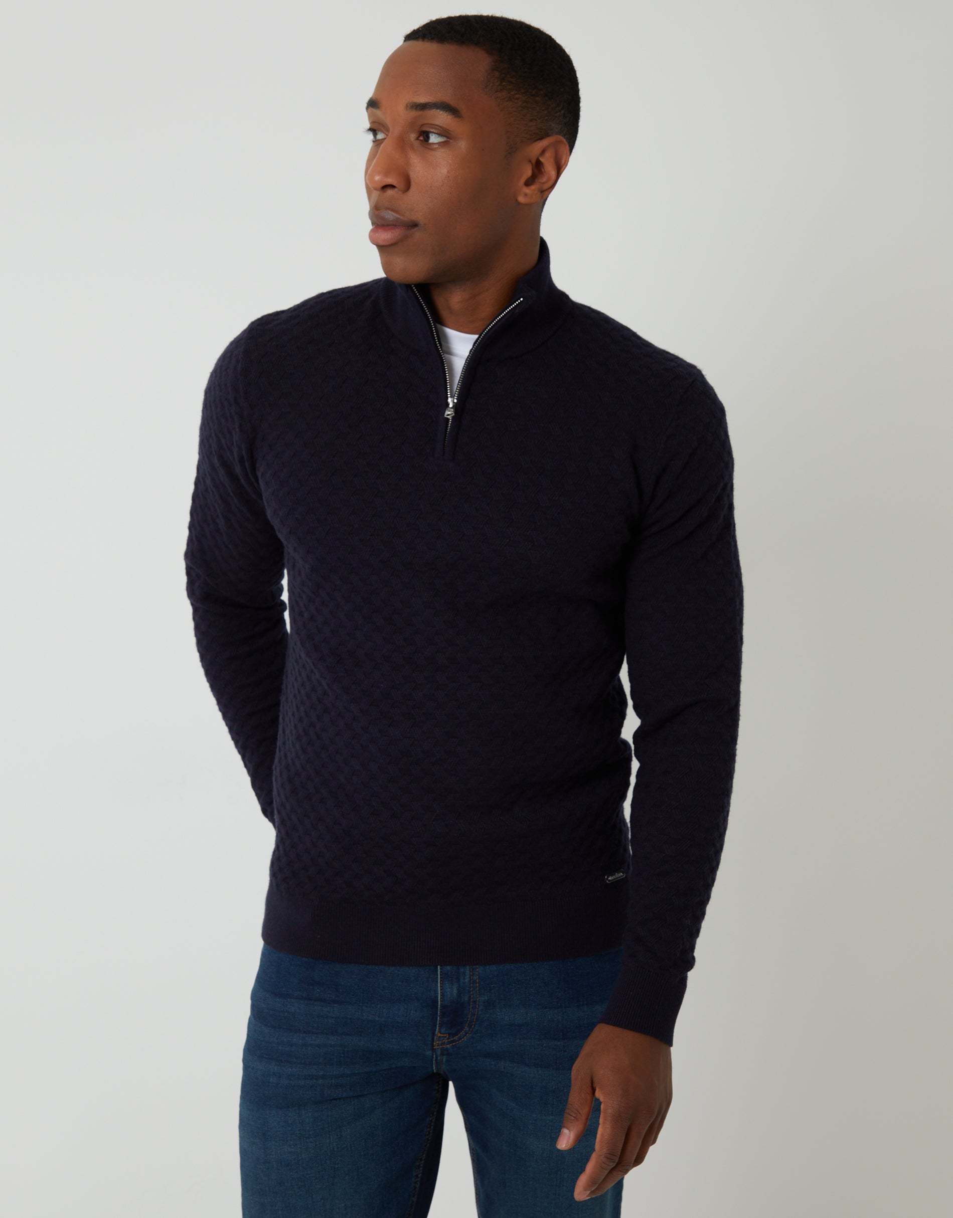Threadbare Men's Navy Textured Cable Knit Quarter Zip Jumper