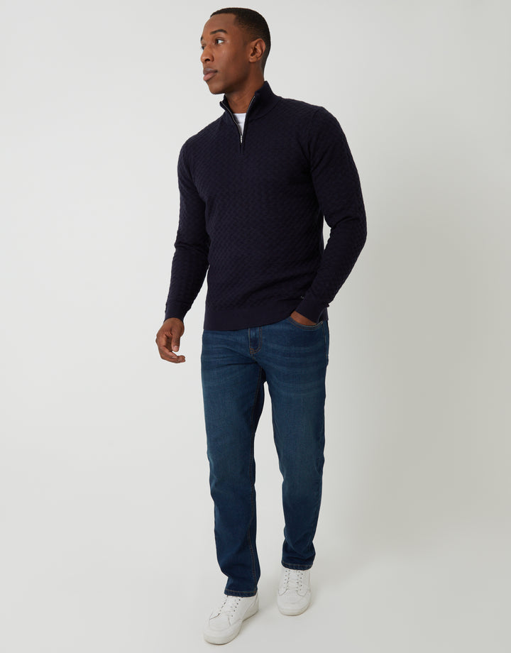 Navy Textured Cable Knit Quarter Zip Jumper