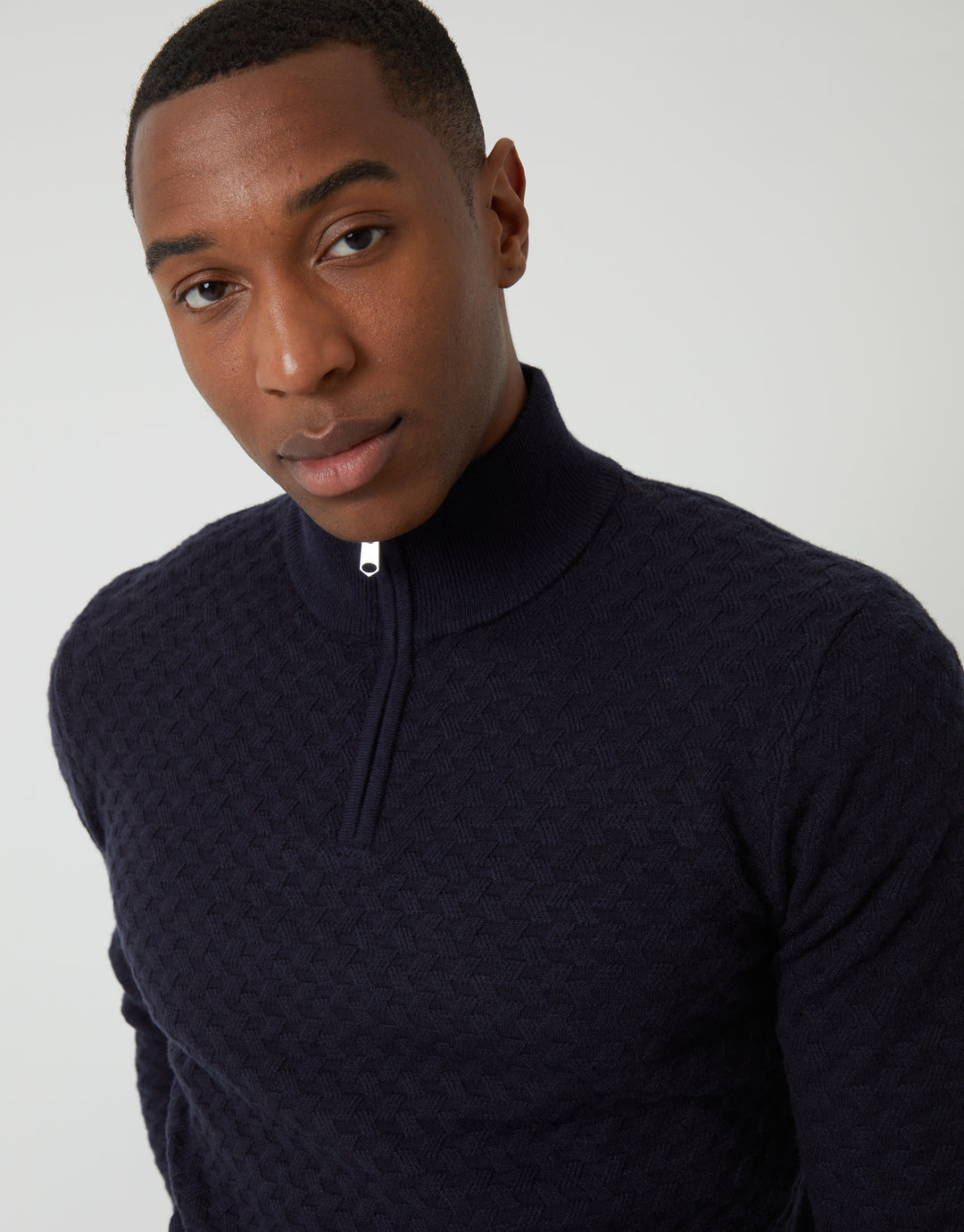 Navy Textured Cable Knit Quarter Zip Jumper