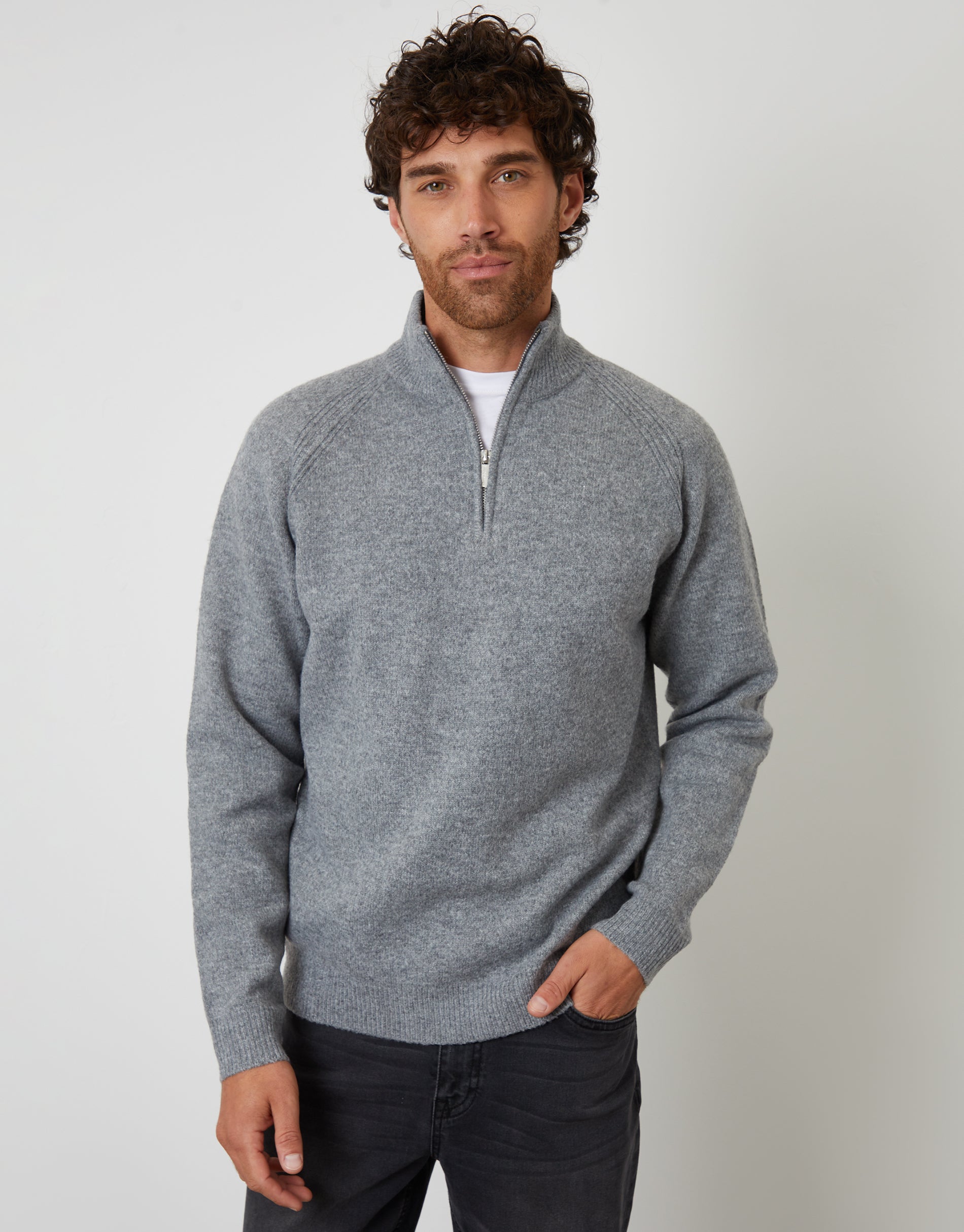 Threadbare Men's Grey Raglan Rib Quarter Zip Knitted Jumper