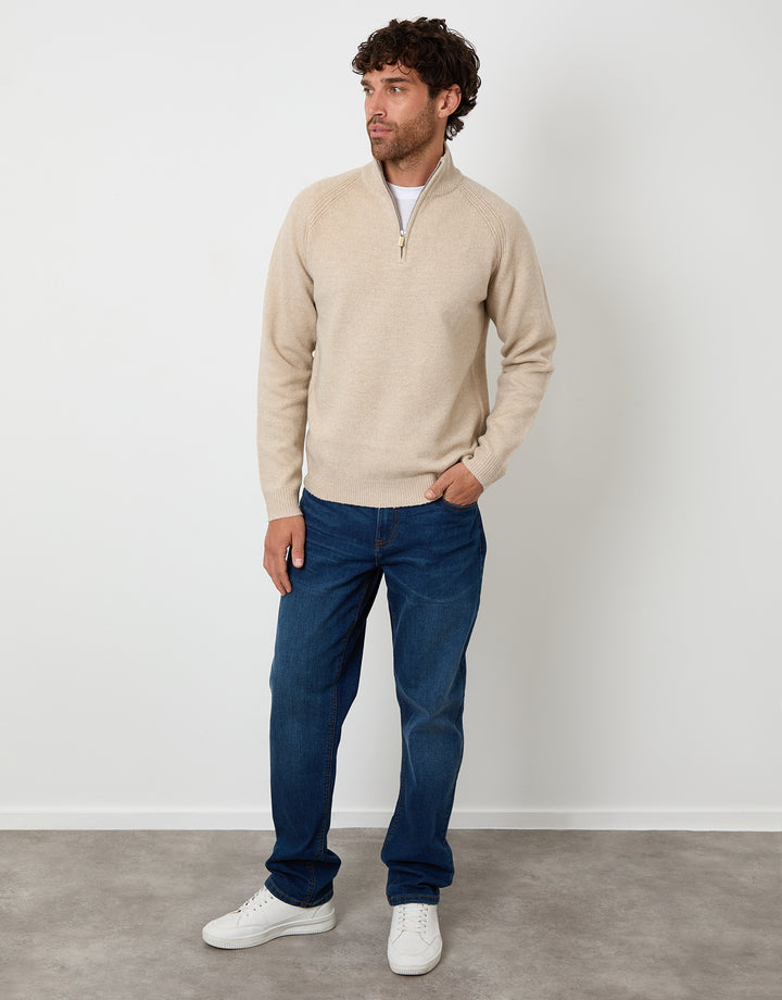 Stone Raglan Rib Quarter Zip Knitted Jumper