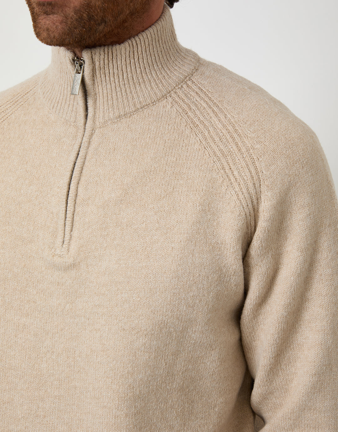 Stone Raglan Rib Quarter Zip Knitted Jumper