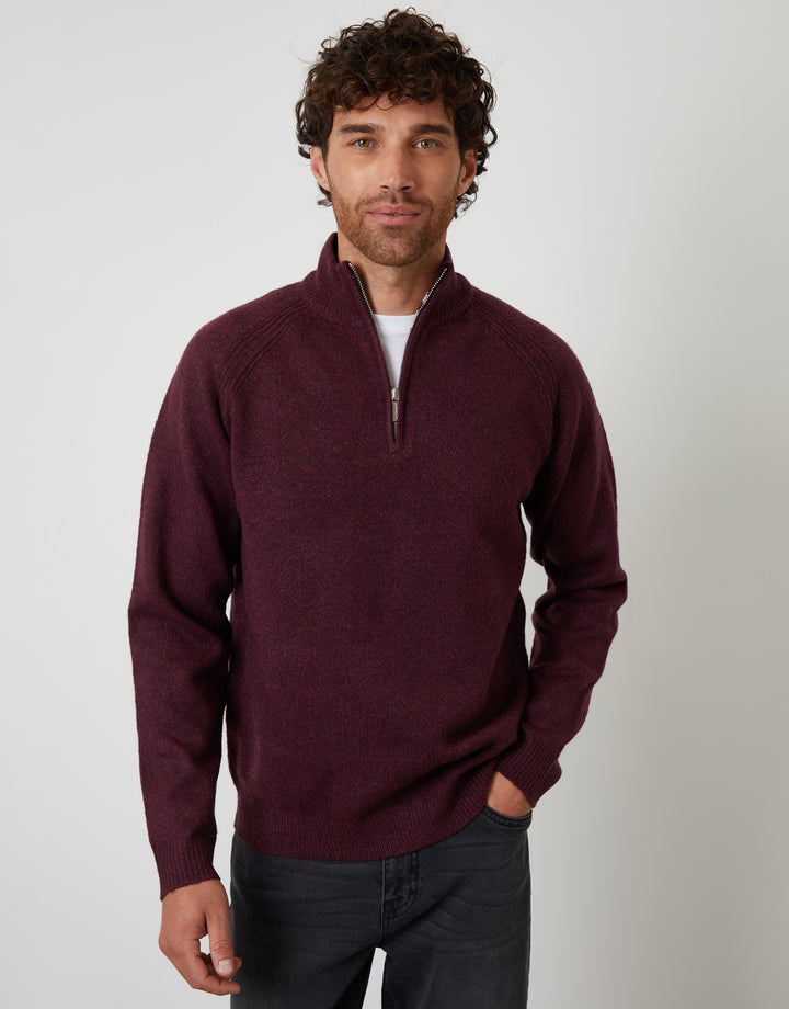 Berry Red Raglan Rib Quarter Zip Knitted Jumper