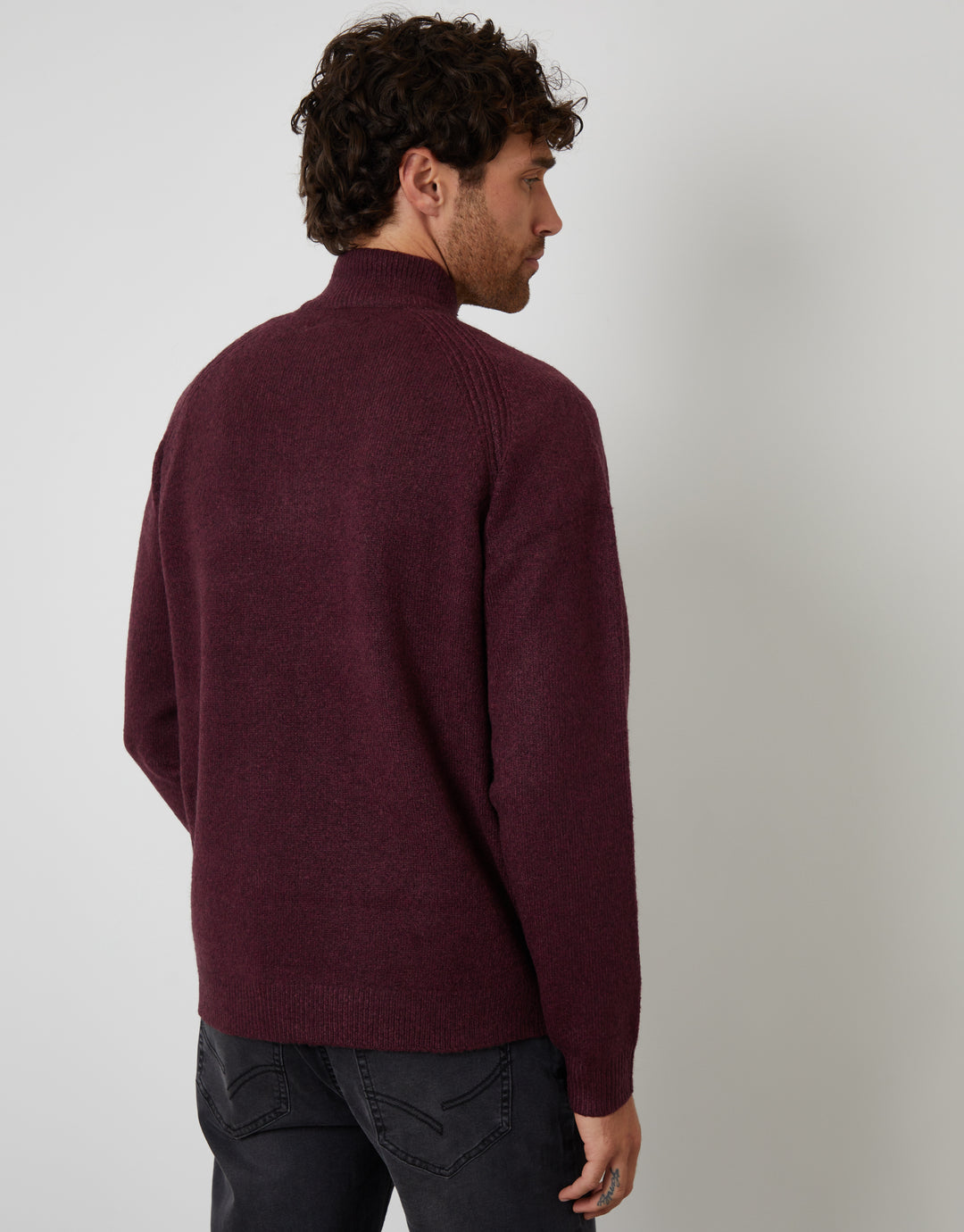 Berry Red Raglan Rib Quarter Zip Knitted Jumper