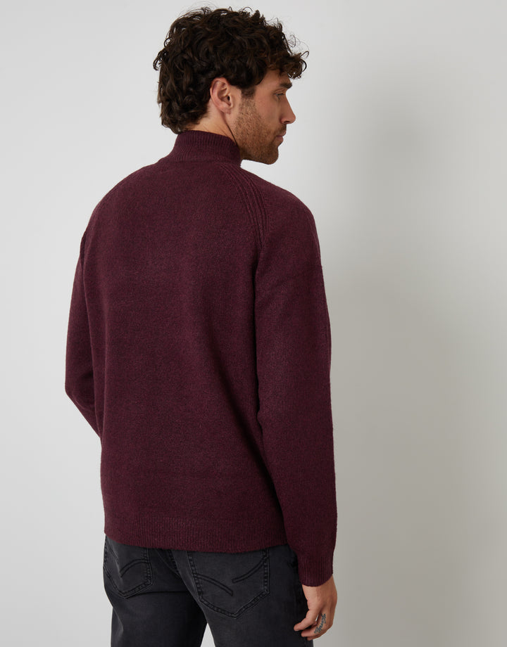 Berry Red Raglan Rib Quarter Zip Knitted Jumper