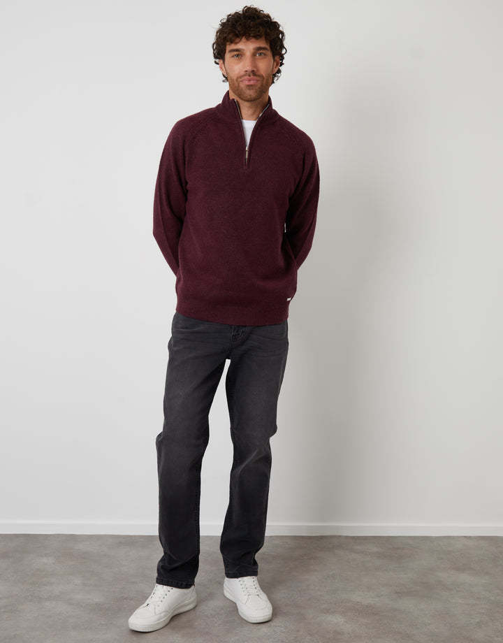 Berry Red Raglan Rib Quarter Zip Knitted Jumper