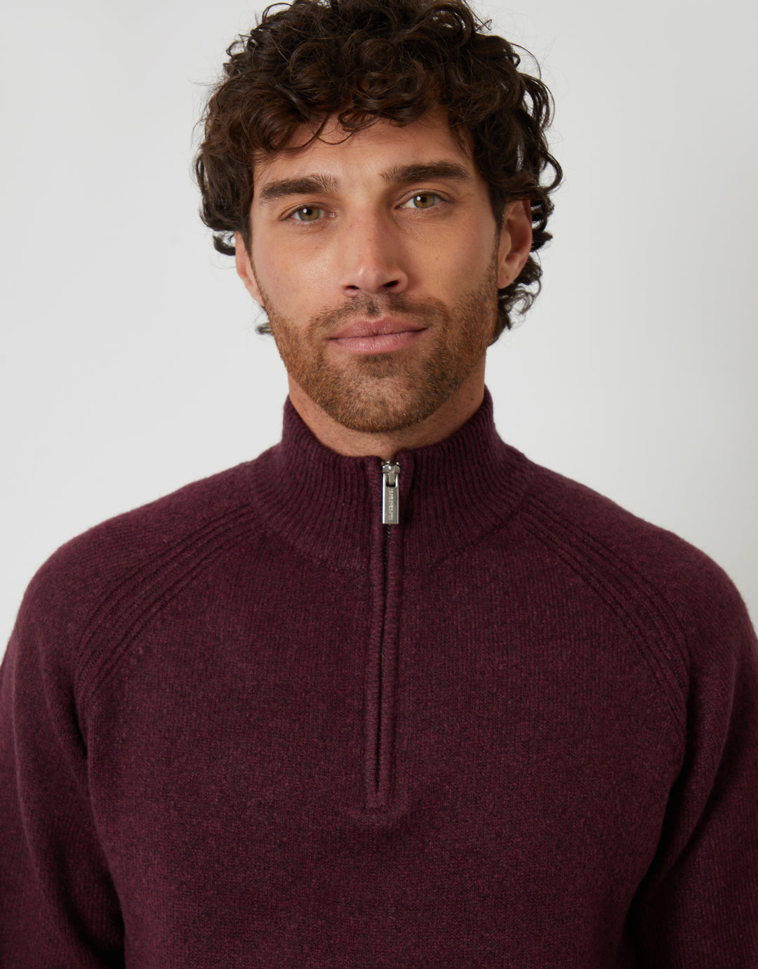 Berry Red Raglan Rib Quarter Zip Knitted Jumper