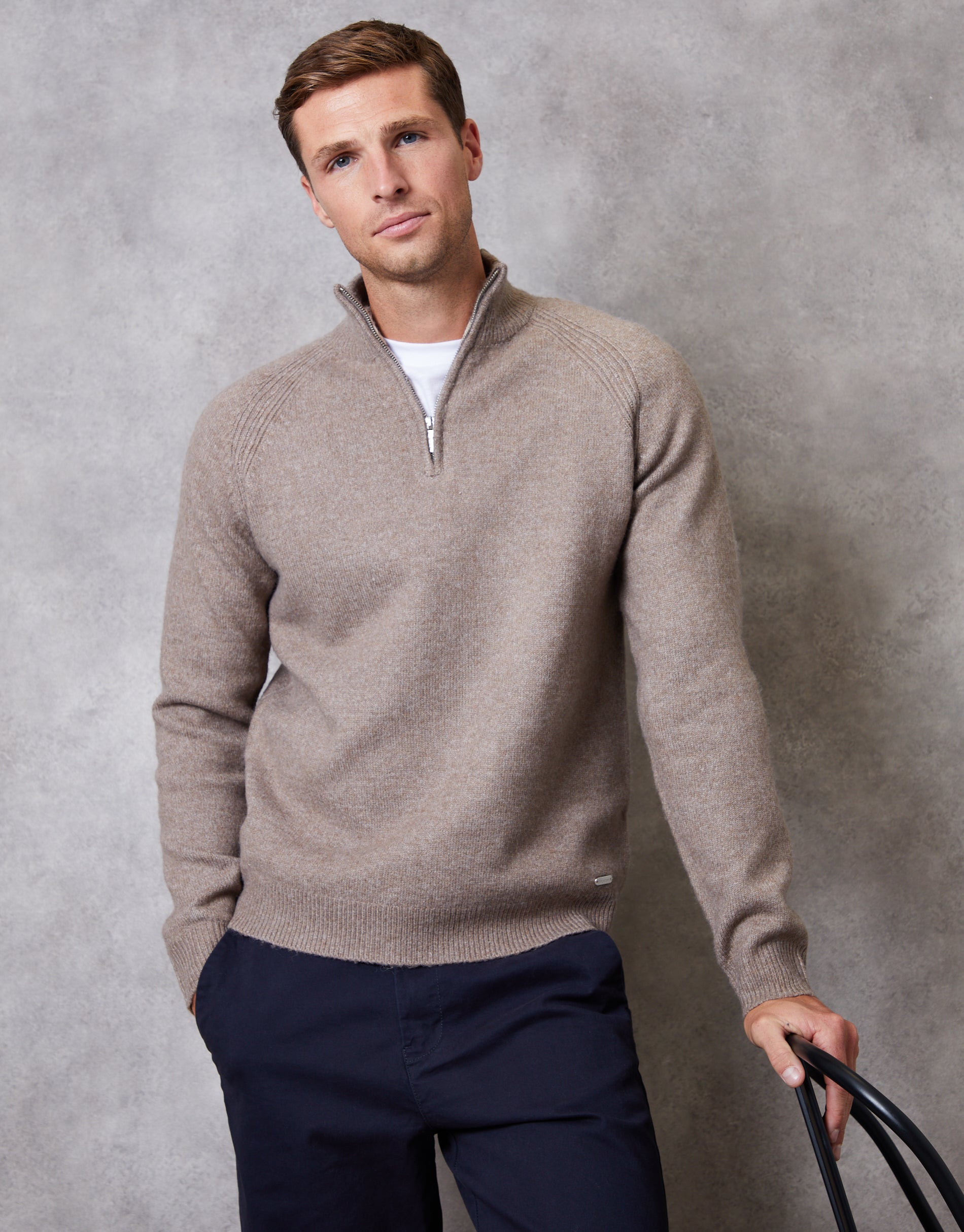 Threadbare Men's Taupe Raglan Rib Quarter Zip Knitted Jumper