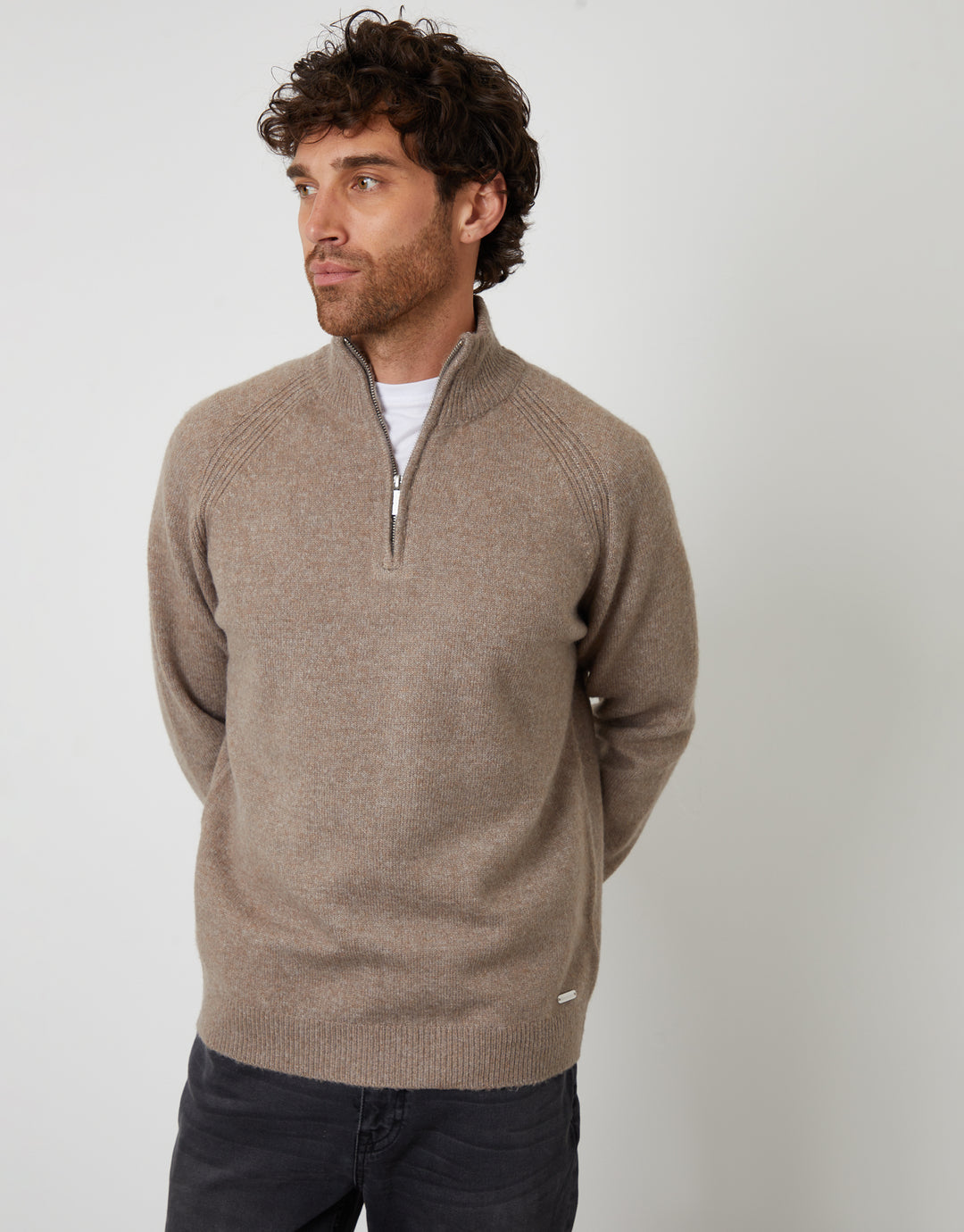 Taupe Raglan Rib Quarter Zip Knitted Jumper