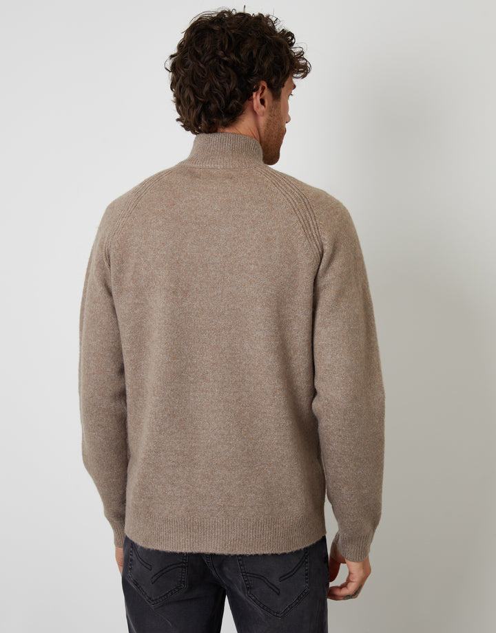 Taupe Raglan Rib Quarter Zip Knitted Jumper