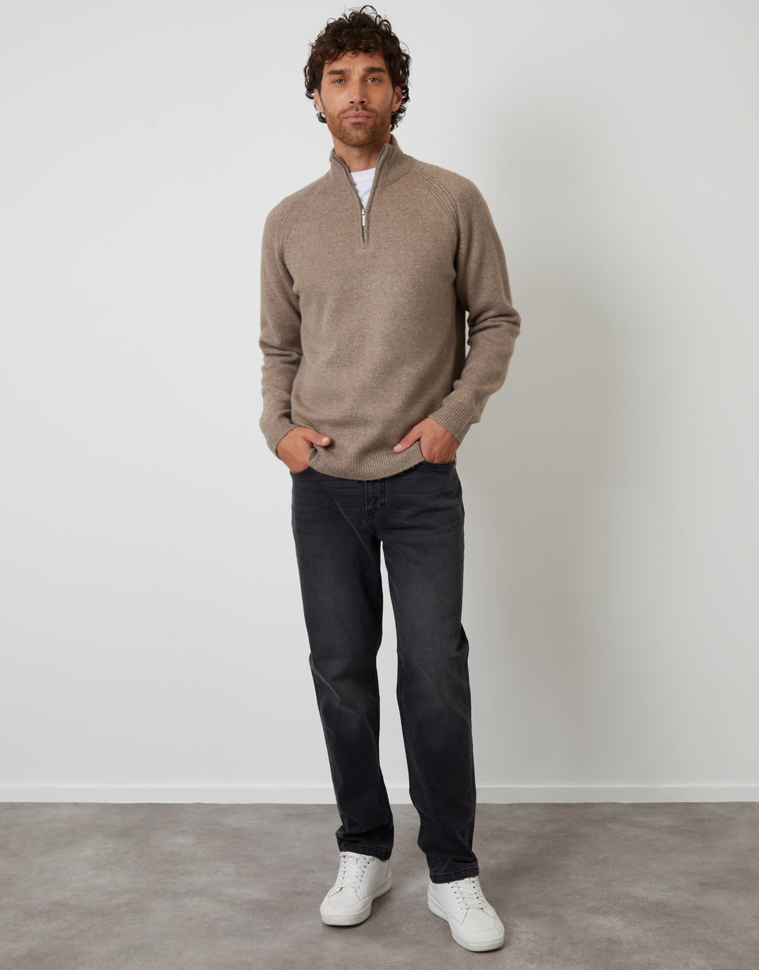 Taupe Raglan Rib Quarter Zip Knitted Jumper