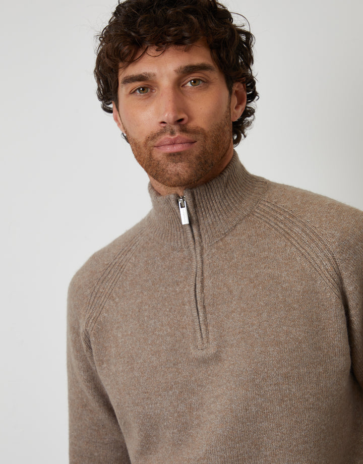 Taupe Raglan Rib Quarter Zip Knitted Jumper