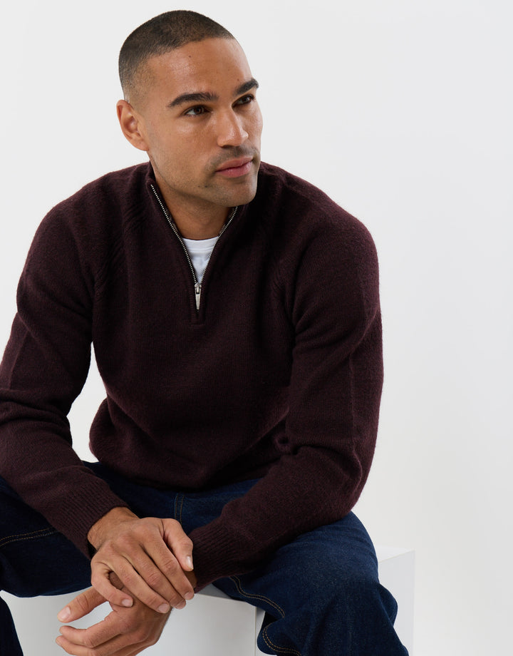 Raglan Rib Quarter Zip Knitted Jumper  in Burgundy