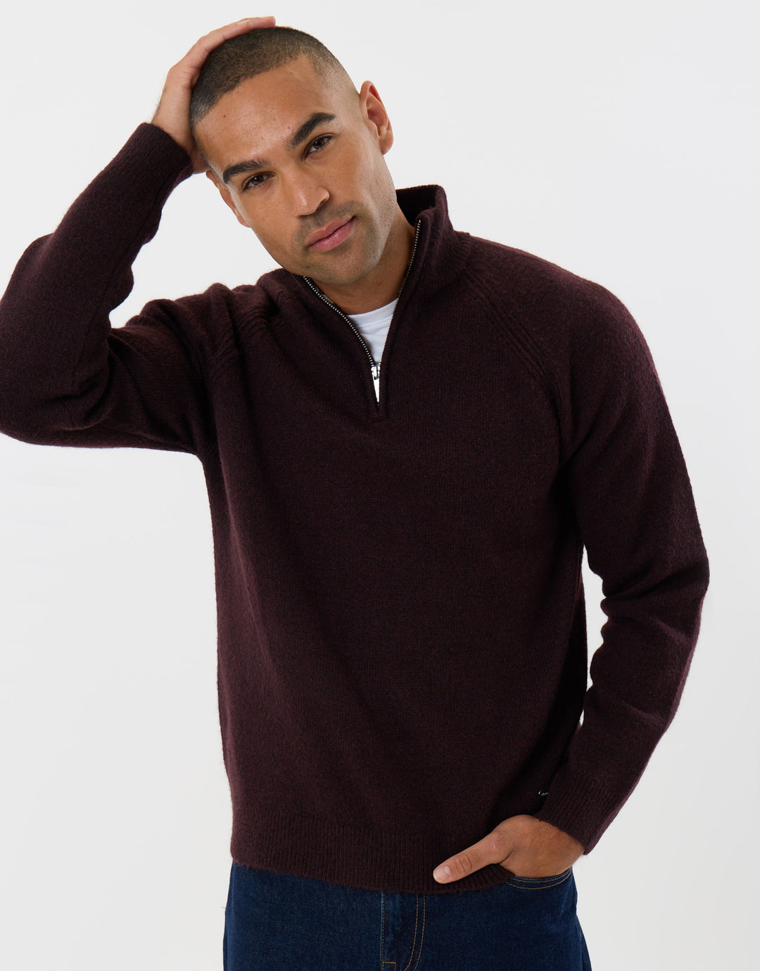 Raglan Rib Quarter Zip Knitted Jumper  in Burgundy