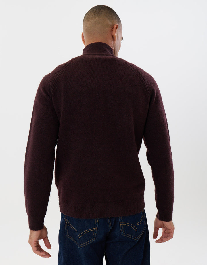 Raglan Rib Quarter Zip Knitted Jumper  in Burgundy