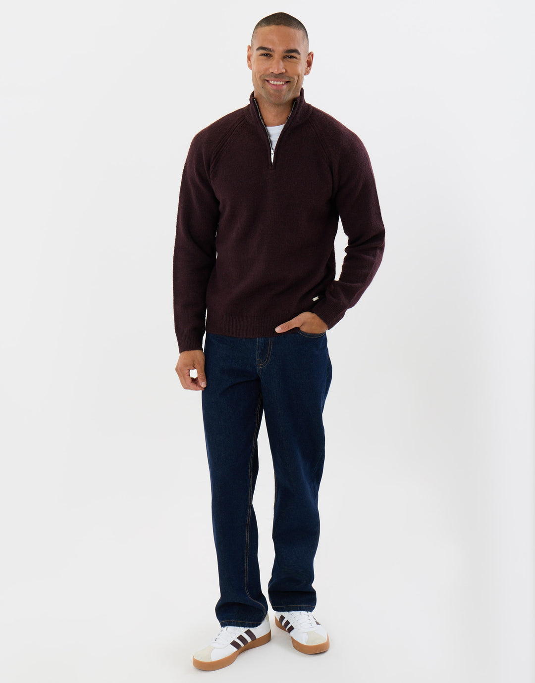 Raglan Rib Quarter Zip Knitted Jumper  in Burgundy