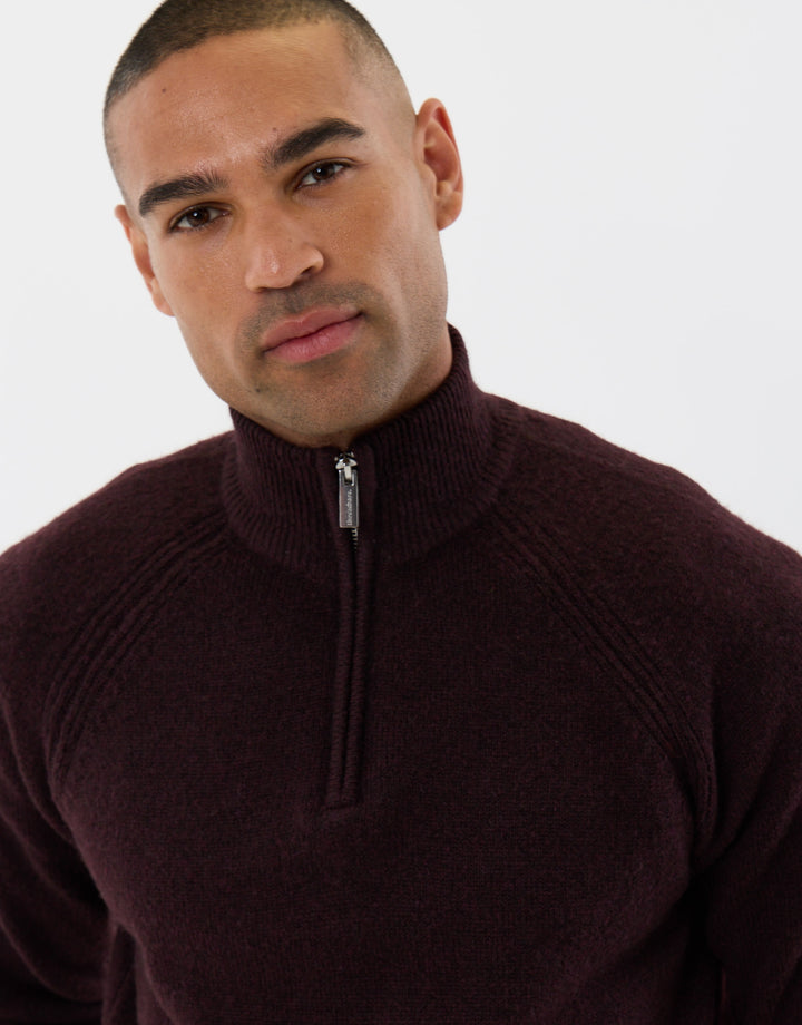 Raglan Rib Quarter Zip Knitted Jumper  in Burgundy