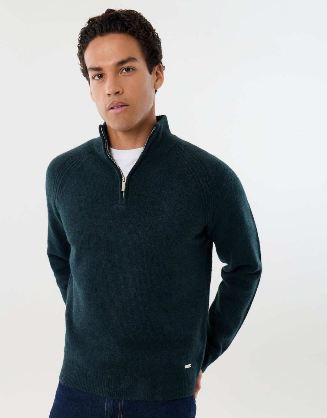 Raglan Rib Quarter Zip Knitted Jumper in Dark Green