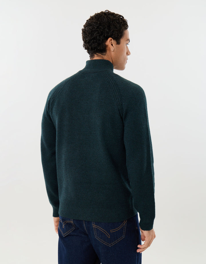 Raglan Rib Quarter Zip Knitted Jumper in Dark Green