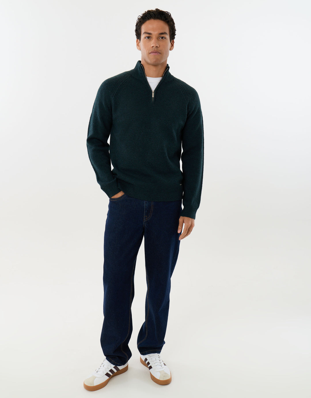 Raglan Rib Quarter Zip Knitted Jumper in Dark Green
